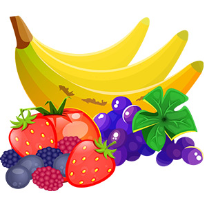 Paleo Diät - Früchte - Banane, Erdbeere, Trauben, Himbeeren Illustration