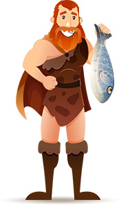 Paleo Steinzeitmensch mit Fisch in der Hand